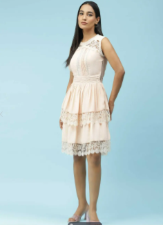 Peach Short Dress With Lace Inserts