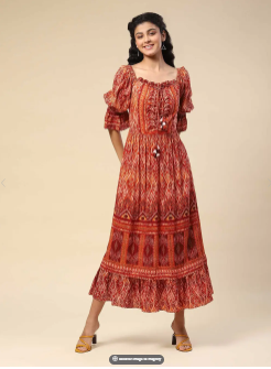 Rust Geometric Print Long Dress