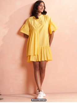 Yellow Layered Cotton Short Dress