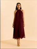 Wine Cascade Solid Dress with Scarf