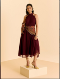 Wine Cascade Solid Dress with Scarf