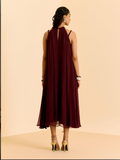 Wine Cascade Solid Dress with Scarf