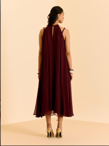 Wine Cascade Solid Dress with Scarf
