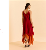 Red Cascade Solid Long Dress