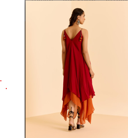 Red Cascade Solid Long Dress