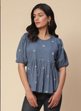 Blue Ramani Yarn-Dyed Peasant Top