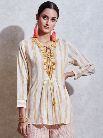 Ecru Embroidered Cotton Kurti