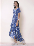 Blue Floral Printed Ruffle Dress