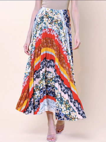 Multi-Color Floral Print Velvet Pleated Skirt