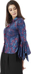 Casual Bell Sleeve Printed Women Blue Top
