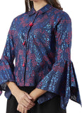 Casual Bell Sleeve Printed Women Blue Top