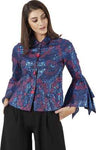 Casual Bell Sleeve Printed Women Blue Top